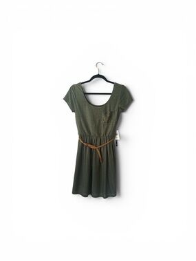 As U Wish Olive Green Scoop Neck Mini Dress with Braided Belt